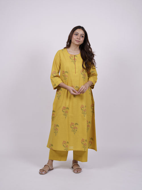 Yellow Cotton Hand-Block Printed Straight Kurta
