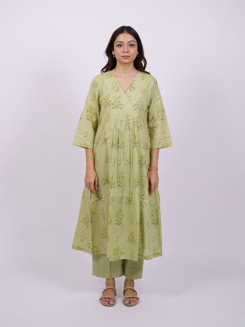 Green Cotton Hand-Block Printed Angrakha Kurta