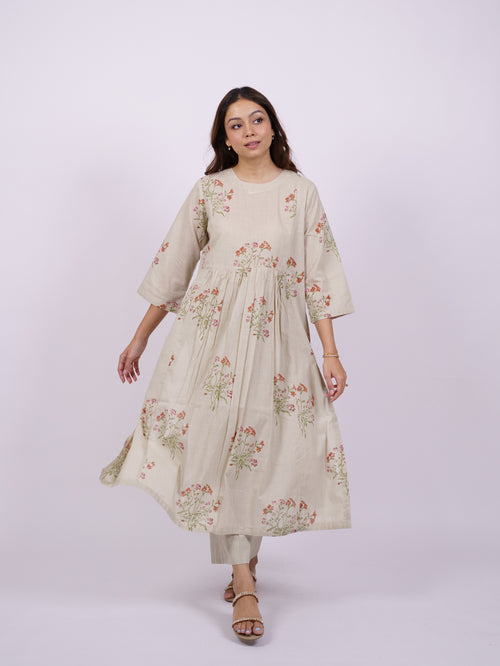 Beige Cotton Hand-Block Printed Gathering Kurta