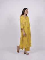 Yellow Cotton Hand-Block Printed Straight Kurta