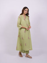 Green Cotton Hand-Block Printed Pleated V-Neck Kurta