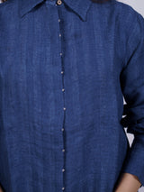 Indigo Blue Hand-Embroidered Linen Shirt