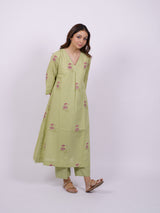 Green Cotton Hand-Block Printed Pleated V-Neck Kurta