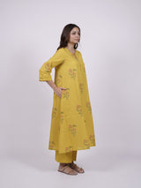 Yellow Cotton Hand-Block Printed Straight Kurta