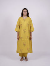 Yellow Cotton Hand-Block Printed Straight Kurta