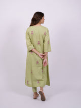 Green Cotton Hand-Block Printed Pleated V-Neck Kurta