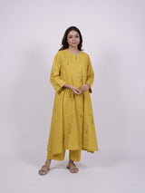 Yellow Cotton Hand-Block Printed Kali Kurta