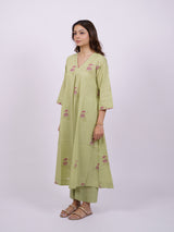 Green Cotton Hand-Block Printed Pleated V-Neck Kurta