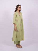 Green Cotton Hand-Block Printed Pleated V-Neck Kurta