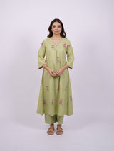 Green Cotton Hand-Block Printed Pleated V-Neck Kurta