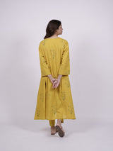 Yellow Cotton Hand-Block Printed Kali Kurta