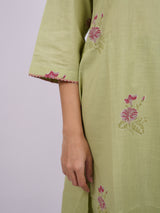 Green Cotton Hand-Block Printed Pleated V-Neck Kurta