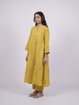 Yellow Cotton Hand-Block Printed Kali Kurta