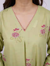 Green Cotton Hand-Block Printed Pleated V-Neck Kurta