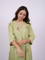 Green Cotton Hand-Block Printed Pleated V-Neck Kurta
