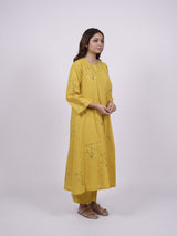 Yellow Cotton Hand-Block Printed Kali Kurta
