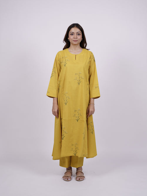 Yellow Cotton Hand-Block Printed Kali Kurta