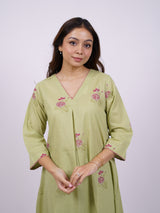Green Cotton Hand-Block Printed Pleated V-Neck Kurta