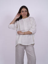 White Hand-Embroidered Cotton Check Top