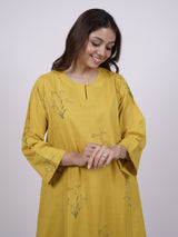 Yellow Cotton Hand-Block Printed Kali Kurta