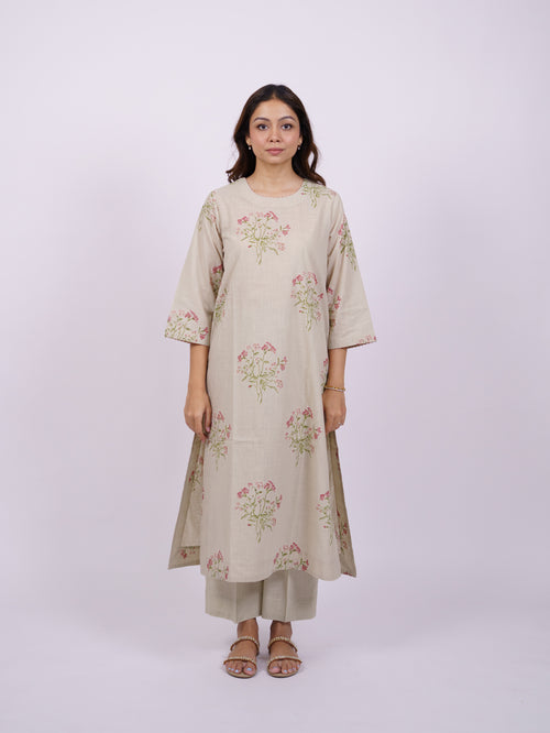 Beige Cotton Hand-Block Printed Straight Kurta