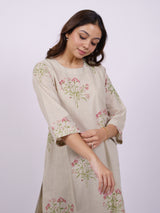 Beige Cotton Hand-Block Printed Straight Kurta