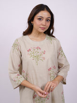 Beige Cotton Hand-Block Printed Straight Kurta