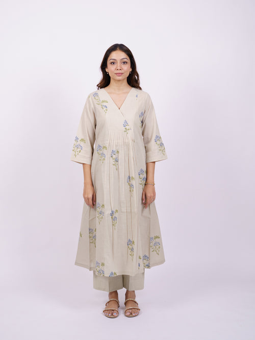 Beige Cotton Hand-Block Printed Angrakha Kurta