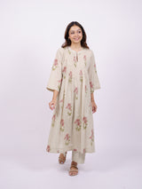 Beige Cotton Hand-Block Printed Pin-Tuck Kurta