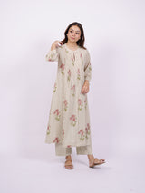 Beige Cotton Hand-Block Printed Pin-Tuck Kurta