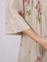 Beige Cotton Hand-Block Printed Pin-Tuck Kurta