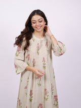 Beige Cotton Hand-Block Printed Pin-Tuck Kurta