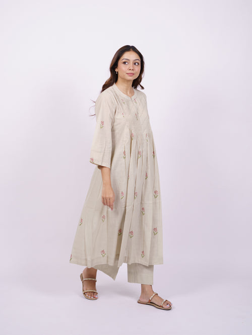 Beige Cotton Hand-Block Printed Embellished Yoke Kurta