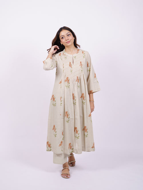Beige Cotton Hand-Block Printed Embellished Yoke Kurta