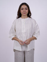 White Hand-Embroidered Cotton Check Top