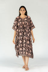 Cotton Hand Block Printed Round Neck Kaftan With Adjustable String - Black