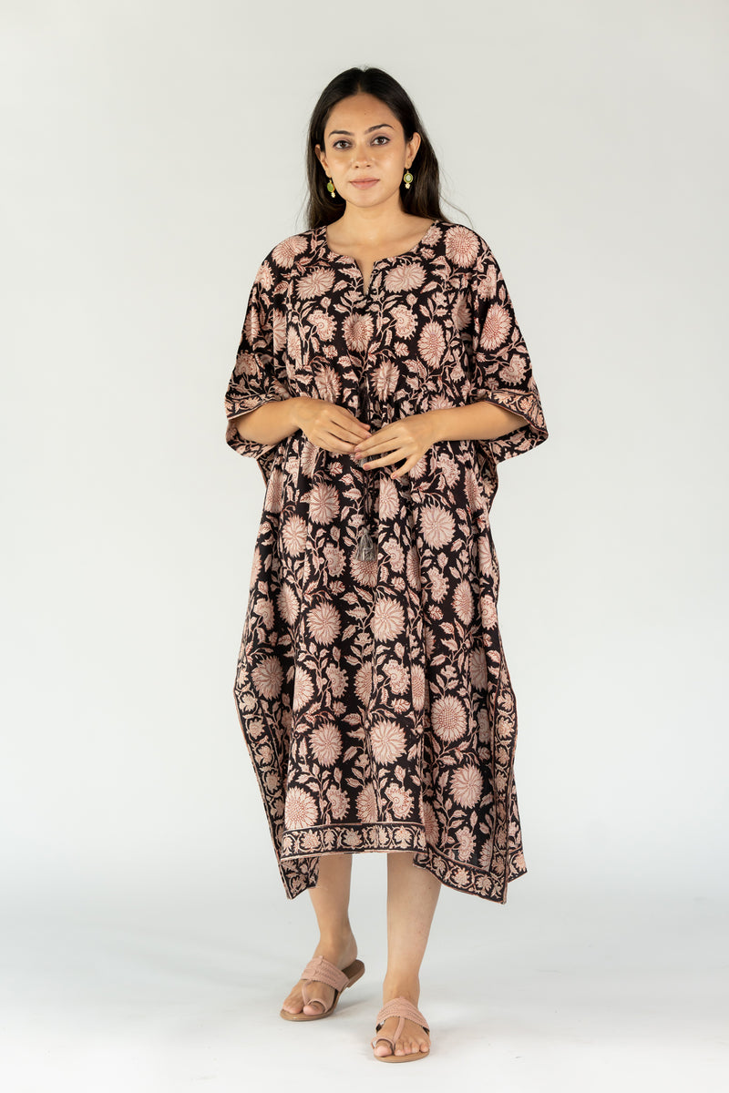 Cotton Hand Block Printed Round Neck Kaftan With Adjustable String - Black