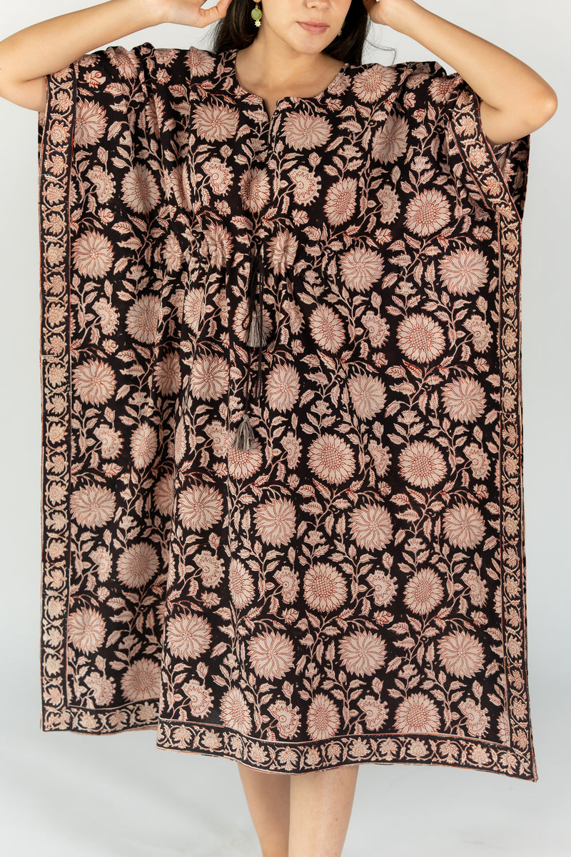 Cotton Hand Block Printed Round Neck Kaftan With Adjustable String - Black