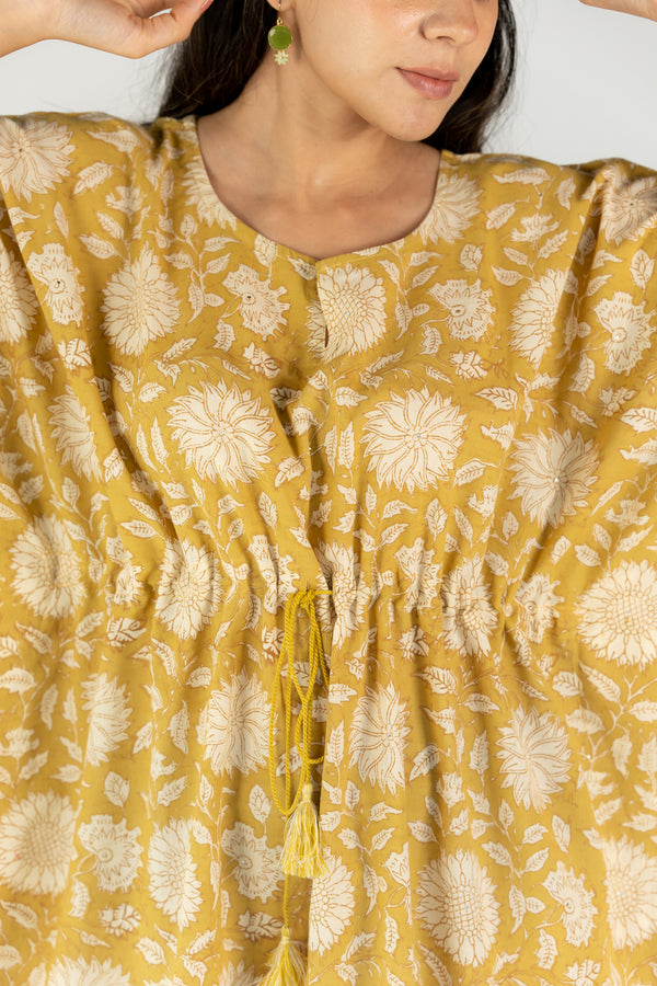 Cotton Hand Block Printed Round Neck Kaftan With Adjustable String - Ochre Yellow