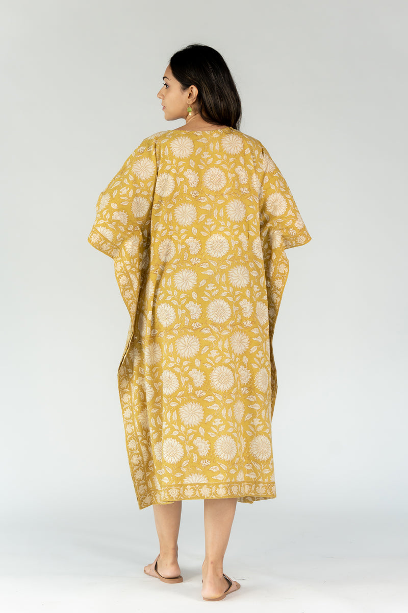 Cotton Hand Block Printed Round Neck Kaftan With Adjustable String - Ochre Yellow
