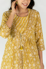 Cotton Hand Block Printed Regular Fit Dress With A Line Shrug - Ochre Yellow
