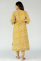 Cotton Hand Block Printed Regular Fit Dress With A Line Shrug - Ochre Yellow