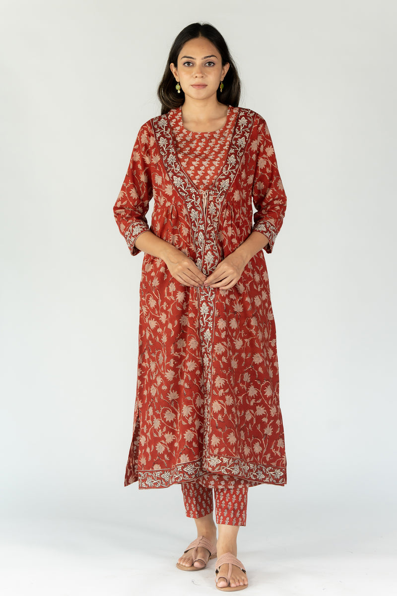 Cotton Hand Block Printed Regular Fit Dress With A Line Shrug - Red