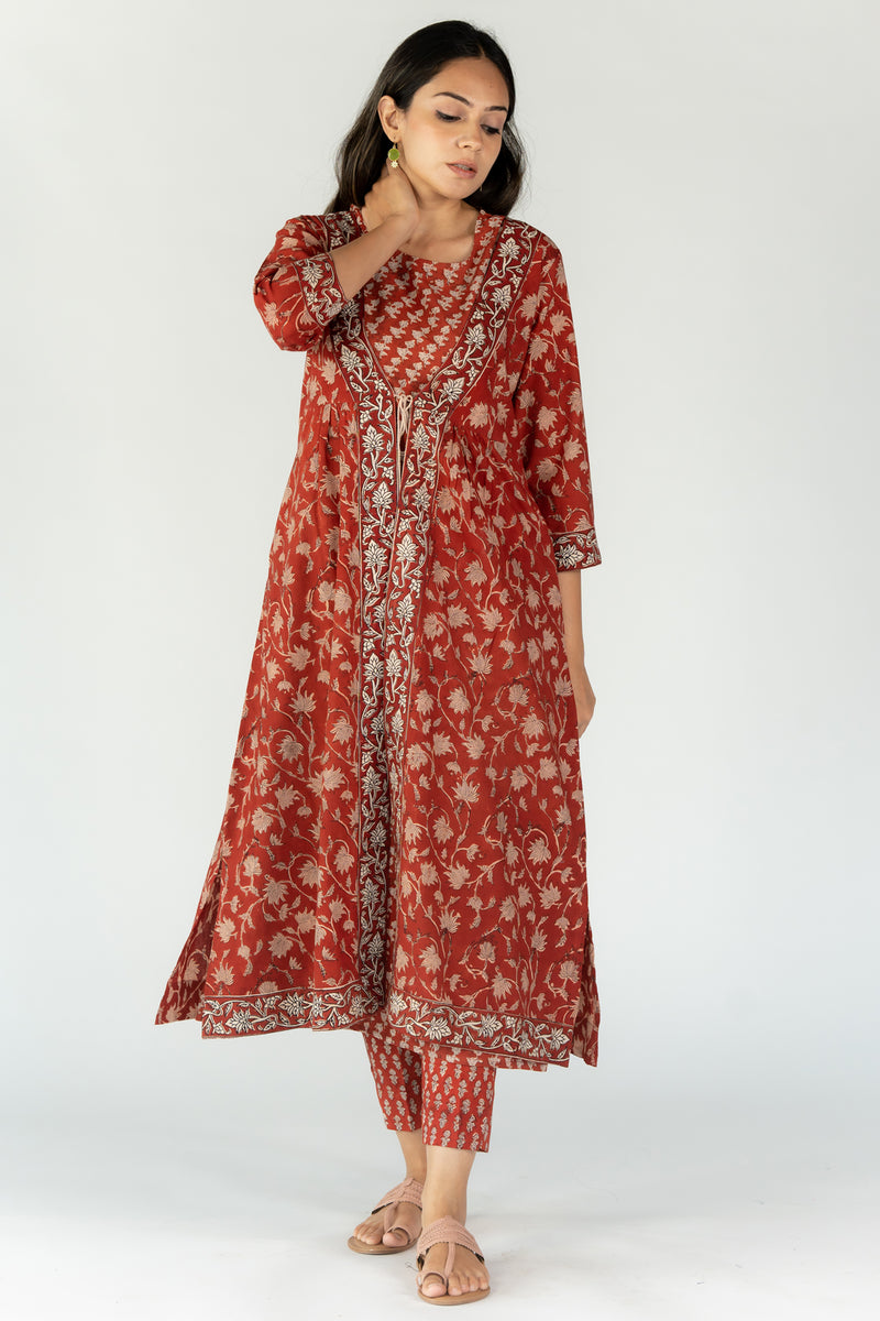Cotton Hand Block Printed Regular Fit Dress With A Line Shrug - Red