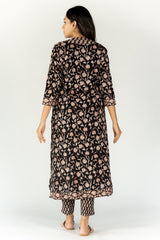 Cotton Hand Block Printed Regular Fit Dress With A Line Shrug - Black