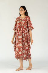 Cotton Hand Block Printed Round Neck Kaftan With Adjustable String - Red
