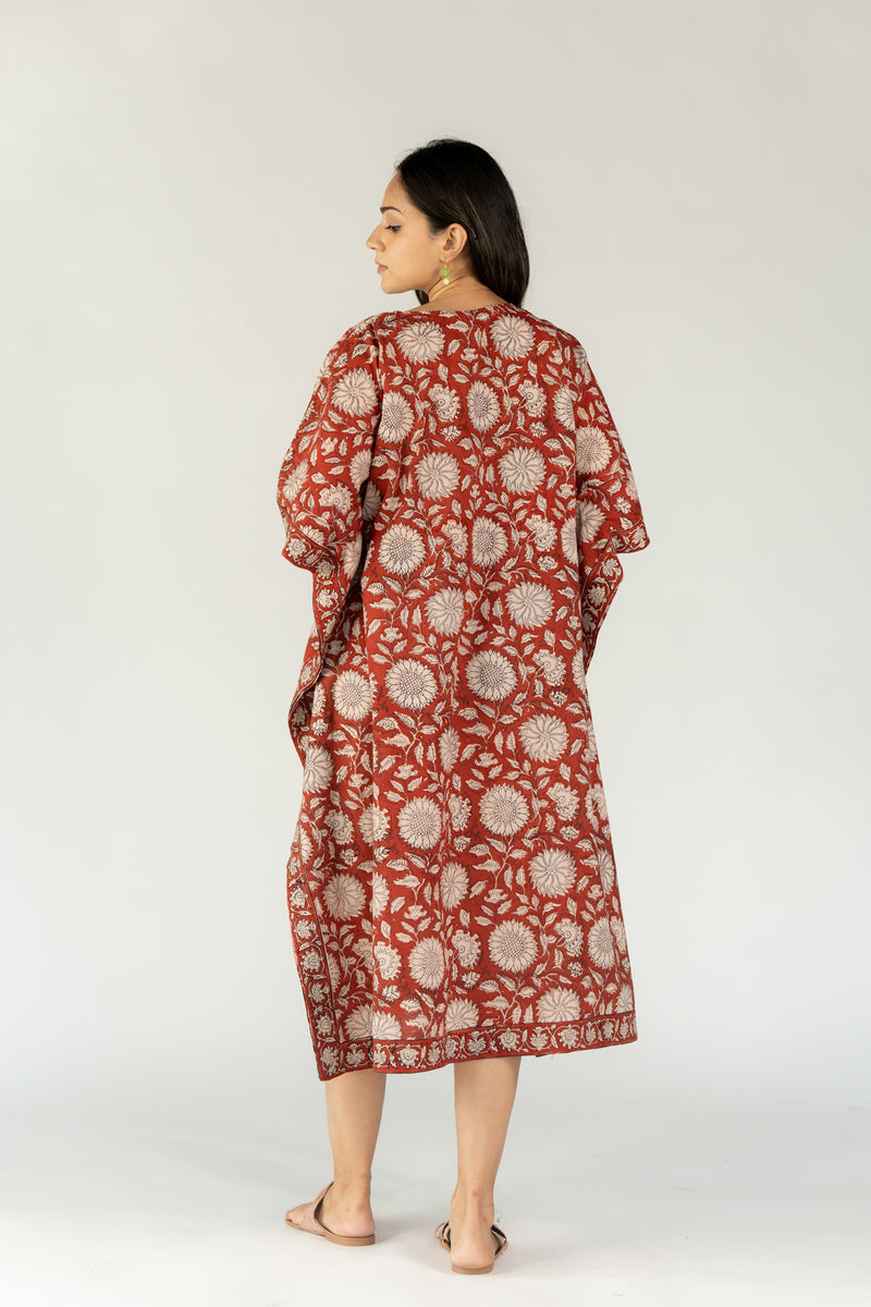 Cotton Hand Block Printed Round Neck Kaftan With Adjustable String - Red