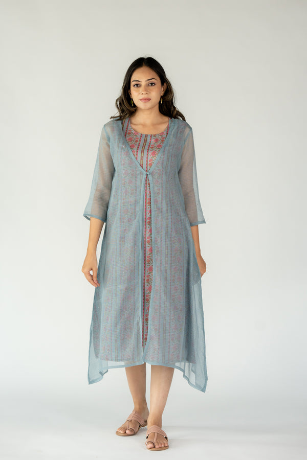Cotton Floral Printed Dress With Kota Doria Shrug - Slate Blue