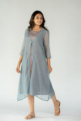 Cotton Floral Printed Dress With Kota Doria Shrug - Slate Blue