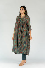 Cotton Embellished V Neck Dress With Gota Lace And Mirror Work - Bottle Green